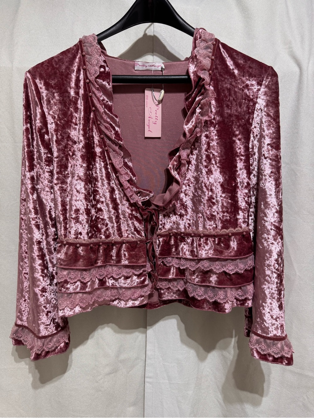 Y2K Vtg Fairycore Coquette Pink Velvet Fantasy Silk Blend Cropped Cardigan Lace
